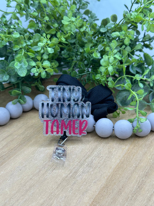 Tiny Human Tamer Teacher lanyard with retractable badge reel