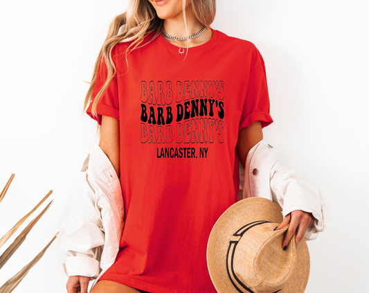 Barb Denny’s wavy logo on red