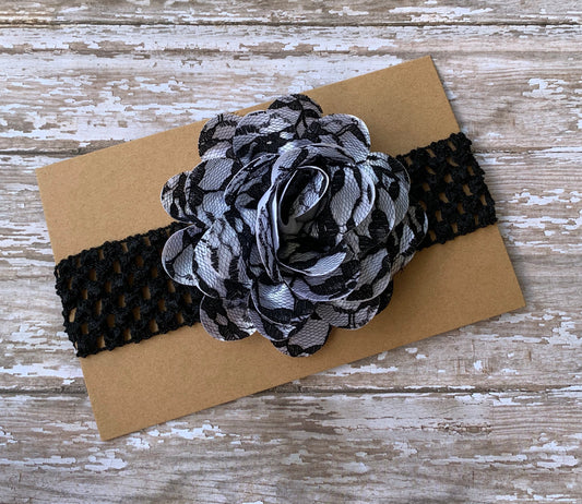 Black and white lace flower baby headband