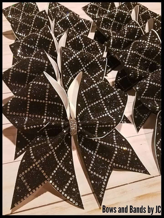 Rhinestone glitter black cheer bow, crisscross pattern