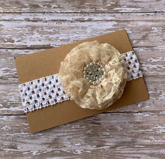 Tan lace flower baby headband