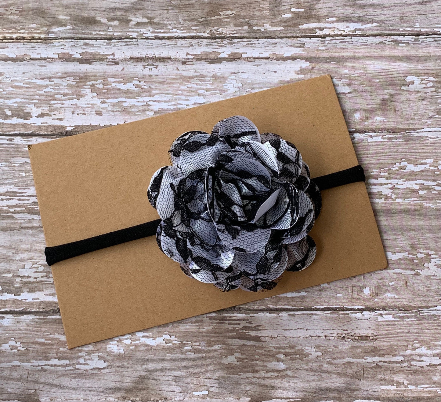 Black and white lace flower baby headband