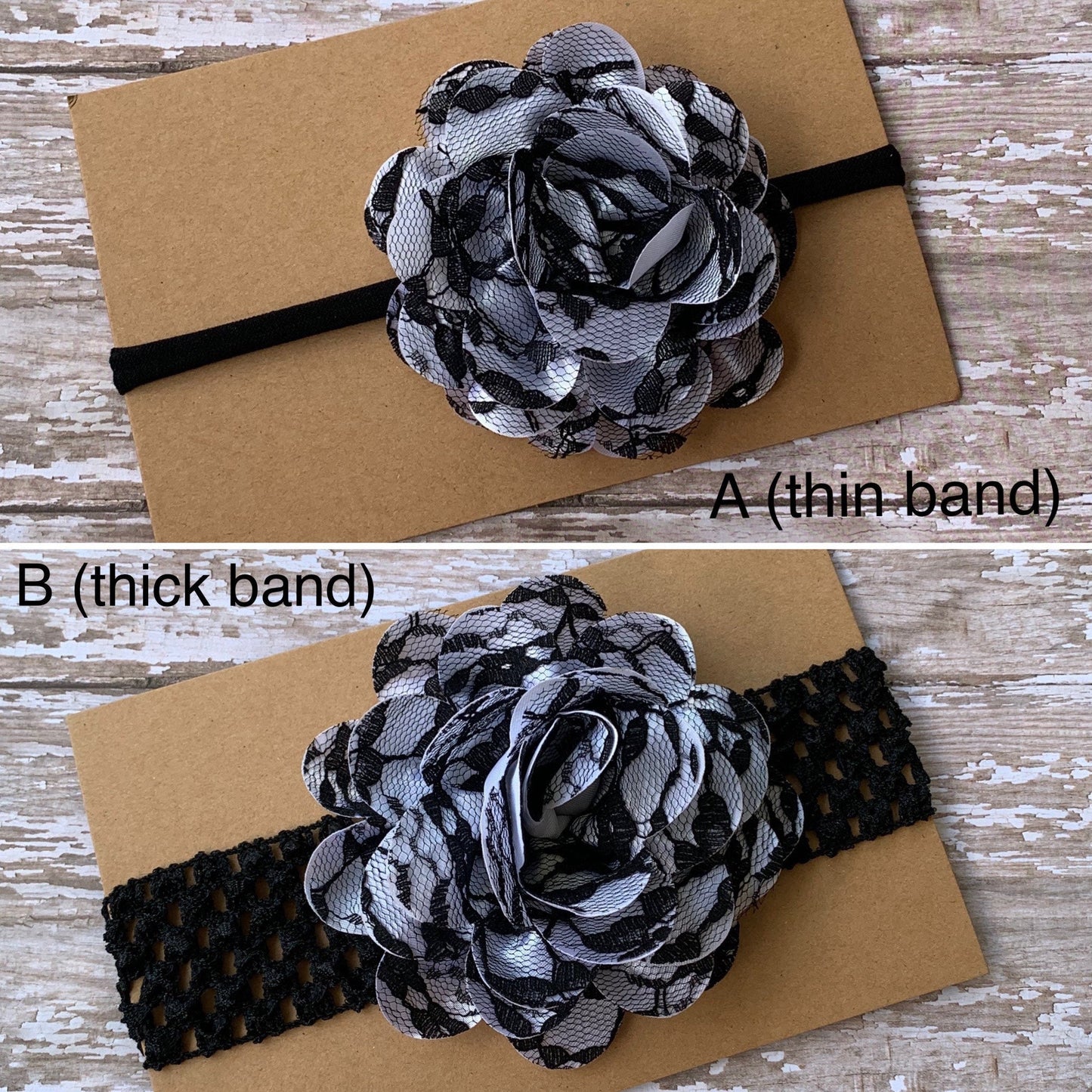 Black and white lace flower baby headband