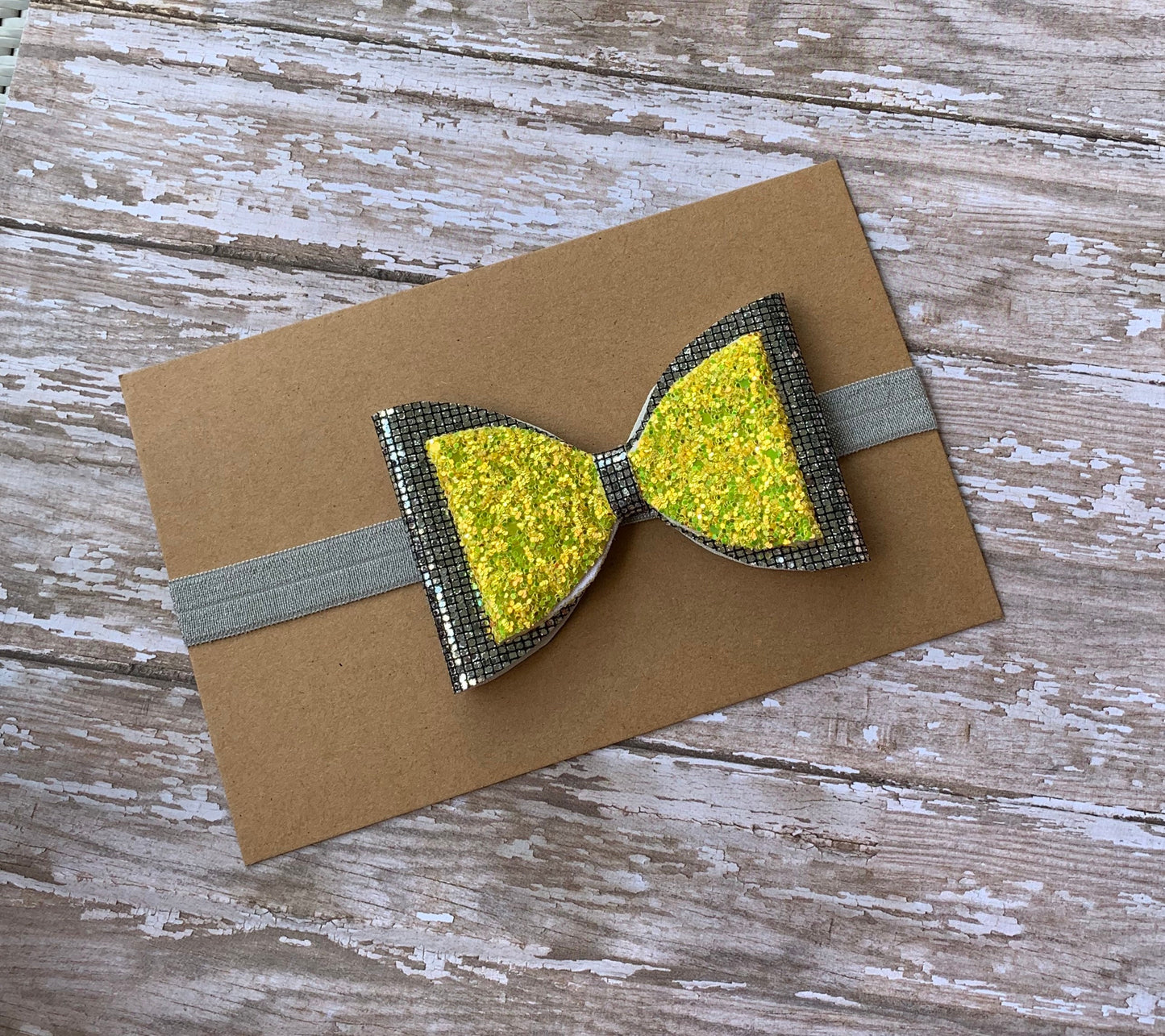 Baby bow headband, yellow and silver