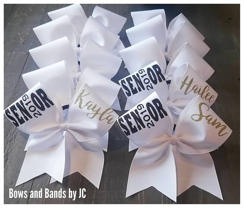 White Ribbon Senior Name Cheer Bow