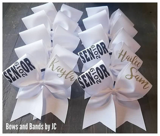 White Ribbon Senior Name Cheer Bow