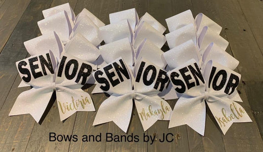 White glitter senior cheer bows with name