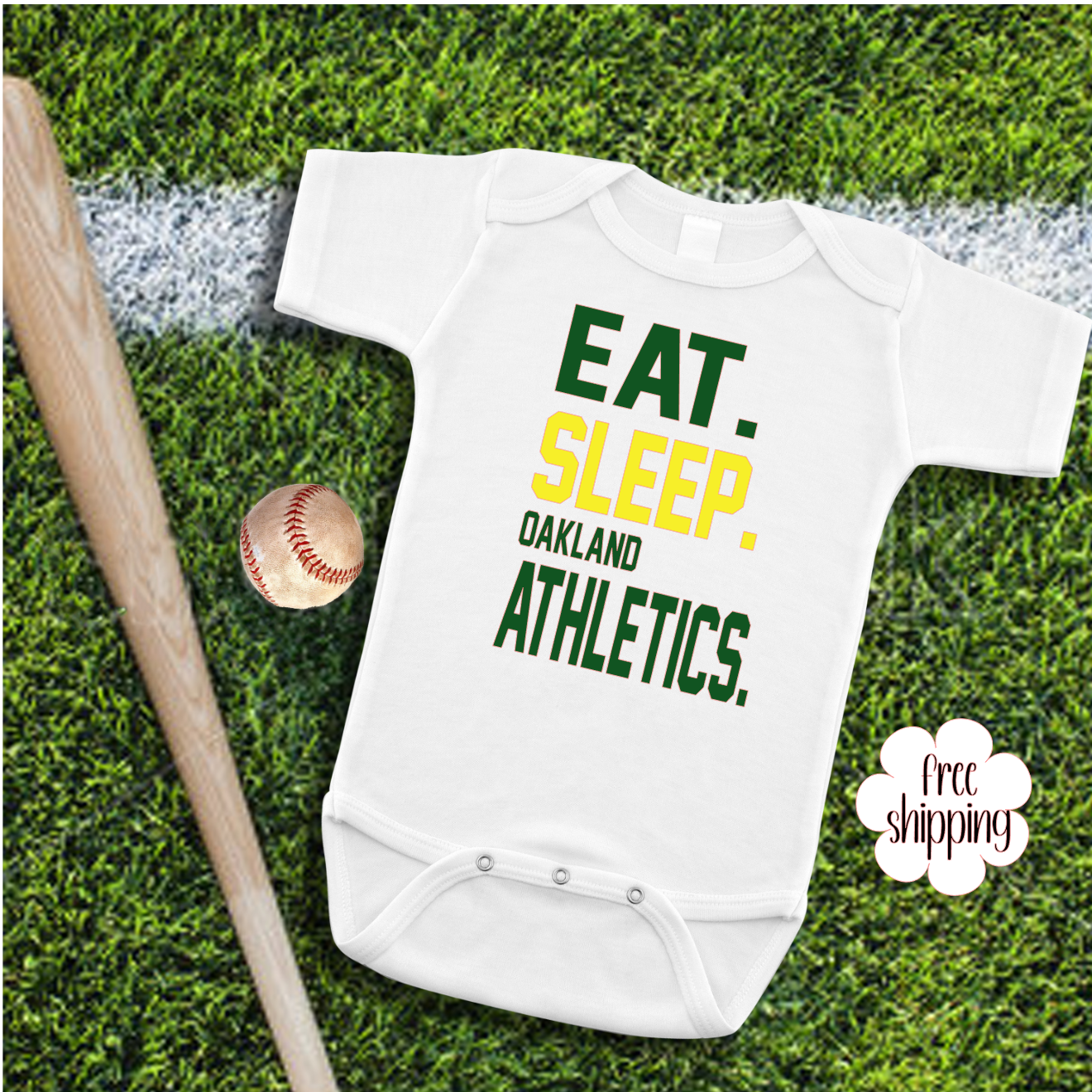 Eat Sleep Baseball baby bodysuit, Oakland Baseball
