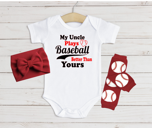 My Uncle plays Baseball Better Than Yours (with heart) baby bodysuit