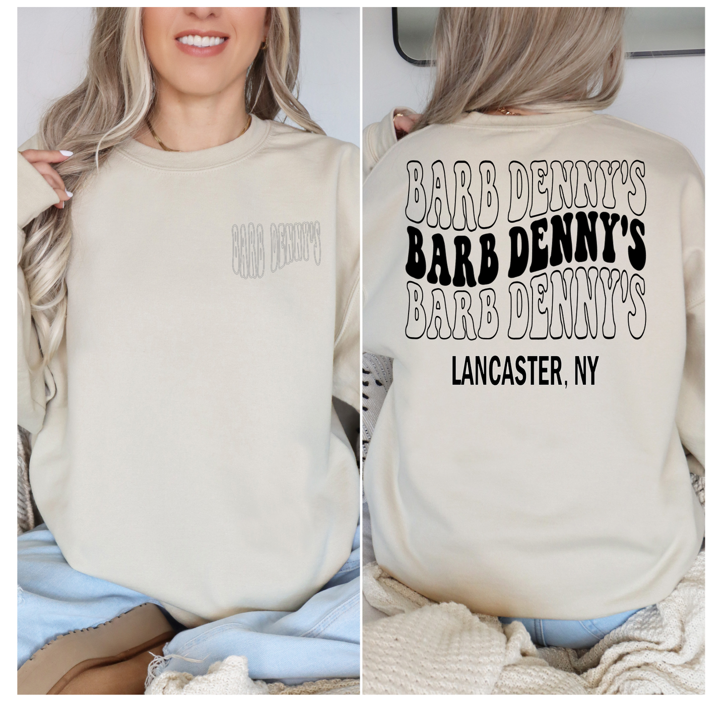 Barb Denny’s wavy text shirt (sand color)