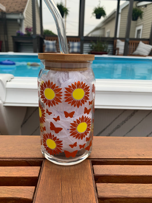 Flowers and Butterfly 16 oz Glass can