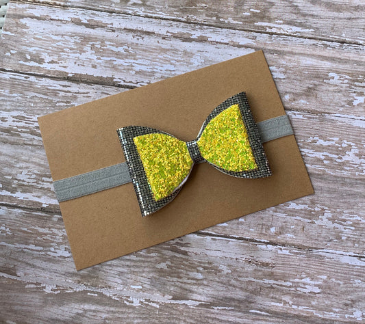 Baby bow headband, yellow and silver