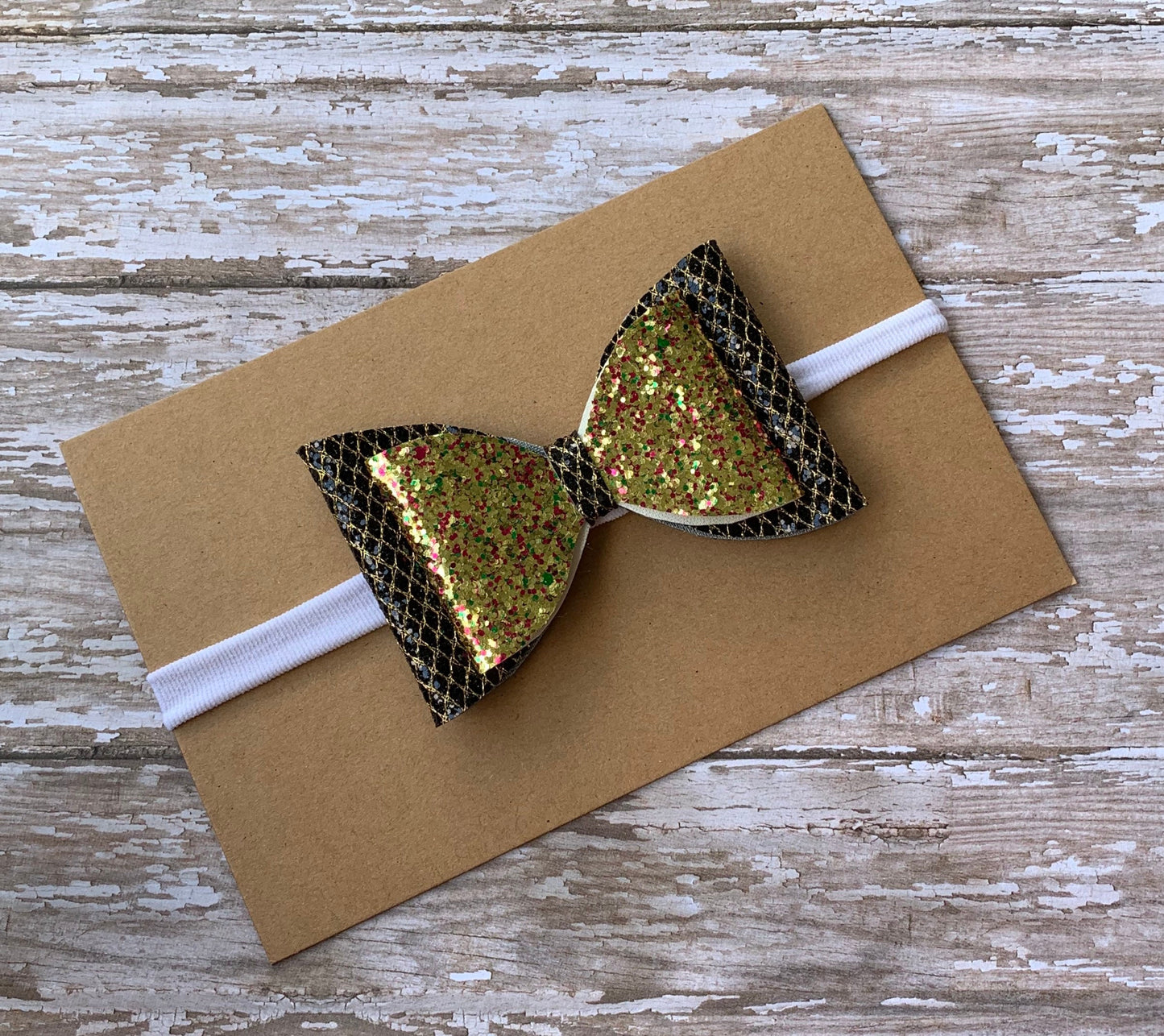 Baby bow headband, black and gold