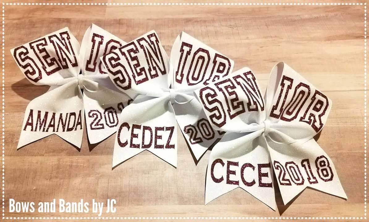 White glitter senior cheer bows with name and year