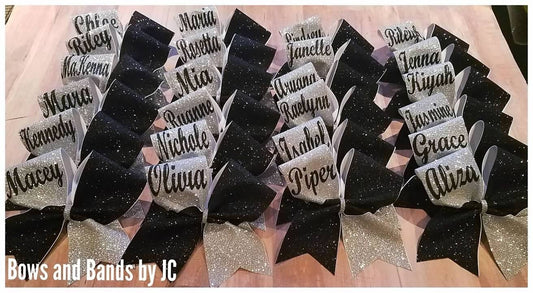 Black and silver glitter name cheer bow