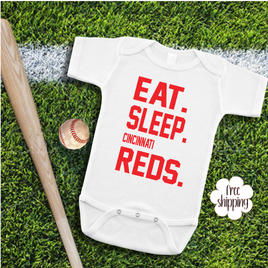 Eat Sleep Baseball baby bodysuit, Cincinnati Baseball